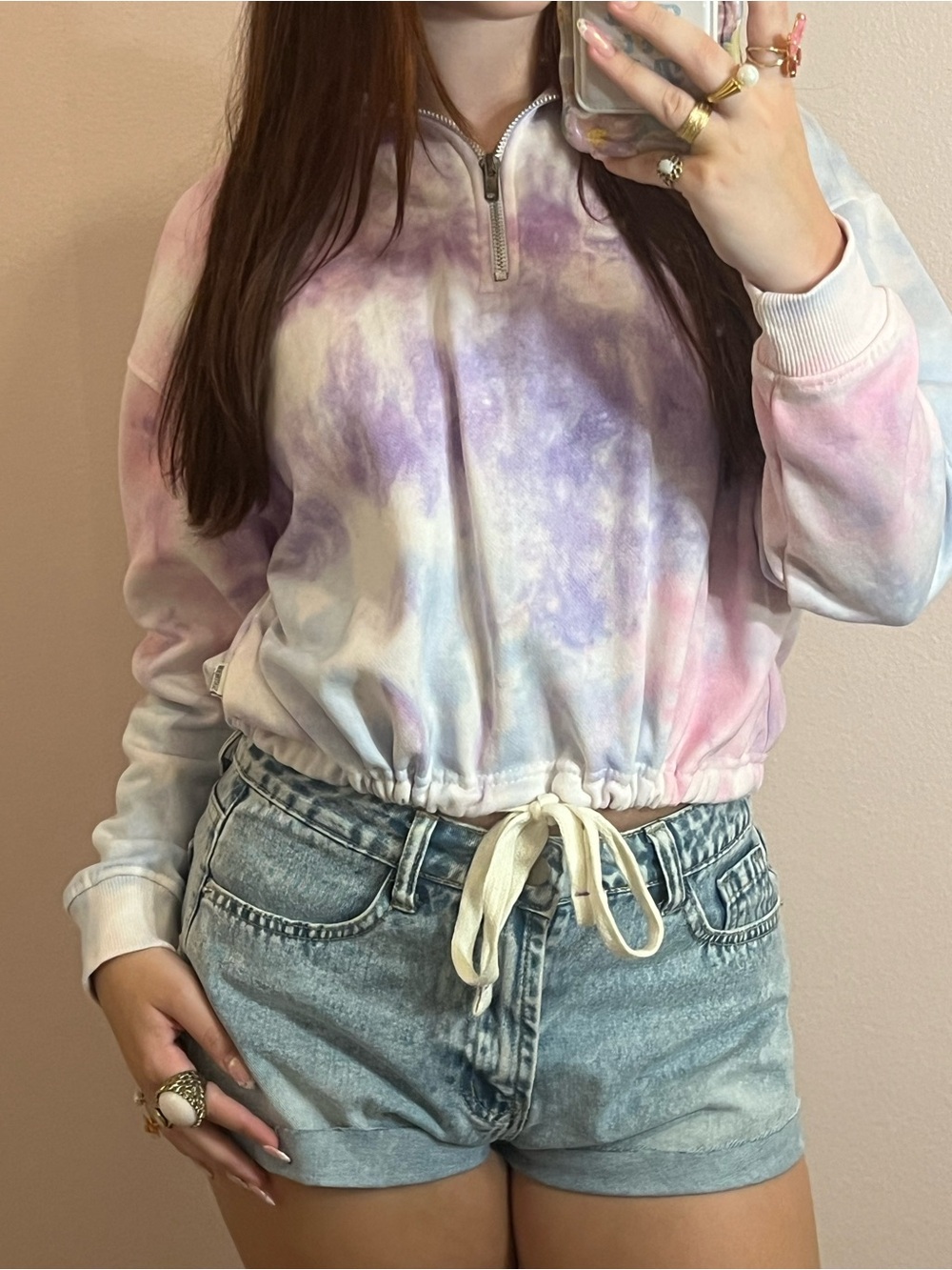 Pastel Tie-Dye Half-Zip Drawstring Pullover Hoodie - Pastel Pink & Purple